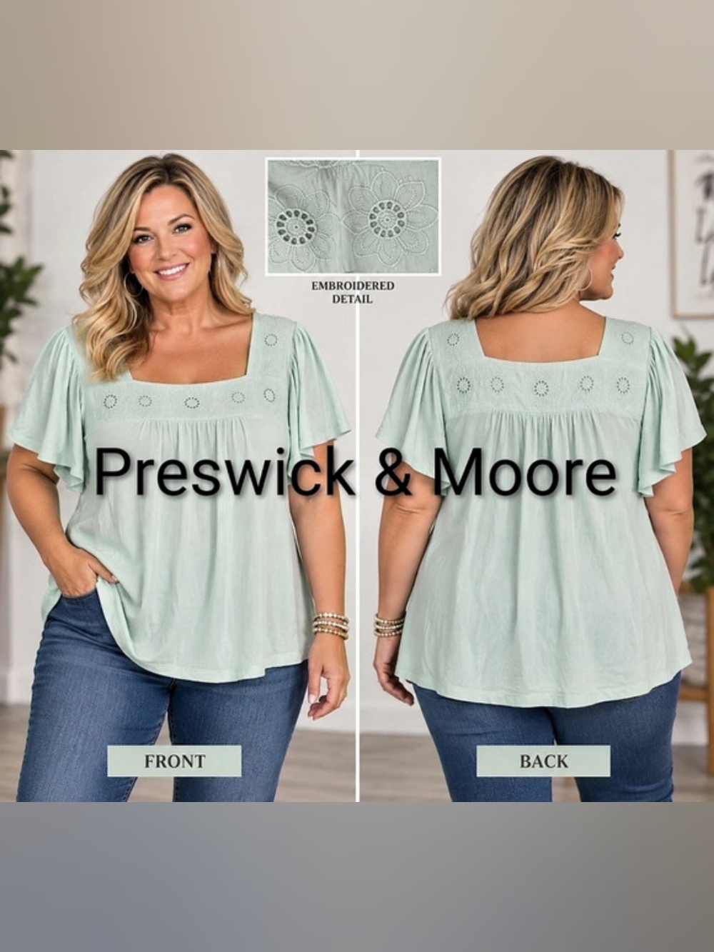 NWT Preswick & Moore Embroidered Square Neck Top in Green SZ XL